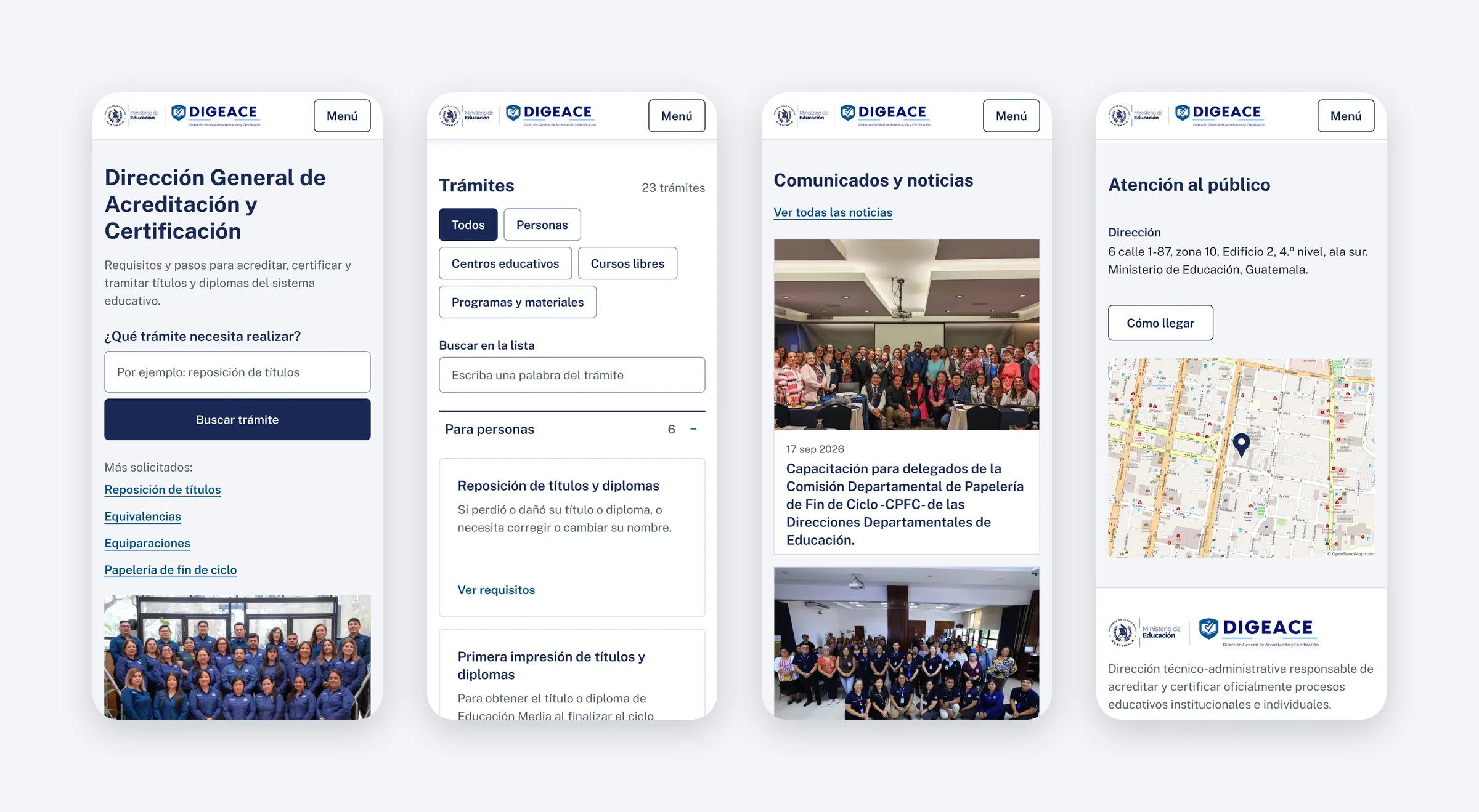 Cuatro pantallas móviles del inicio de DIGEACE: buscador, trámites, noticias y atención al público.