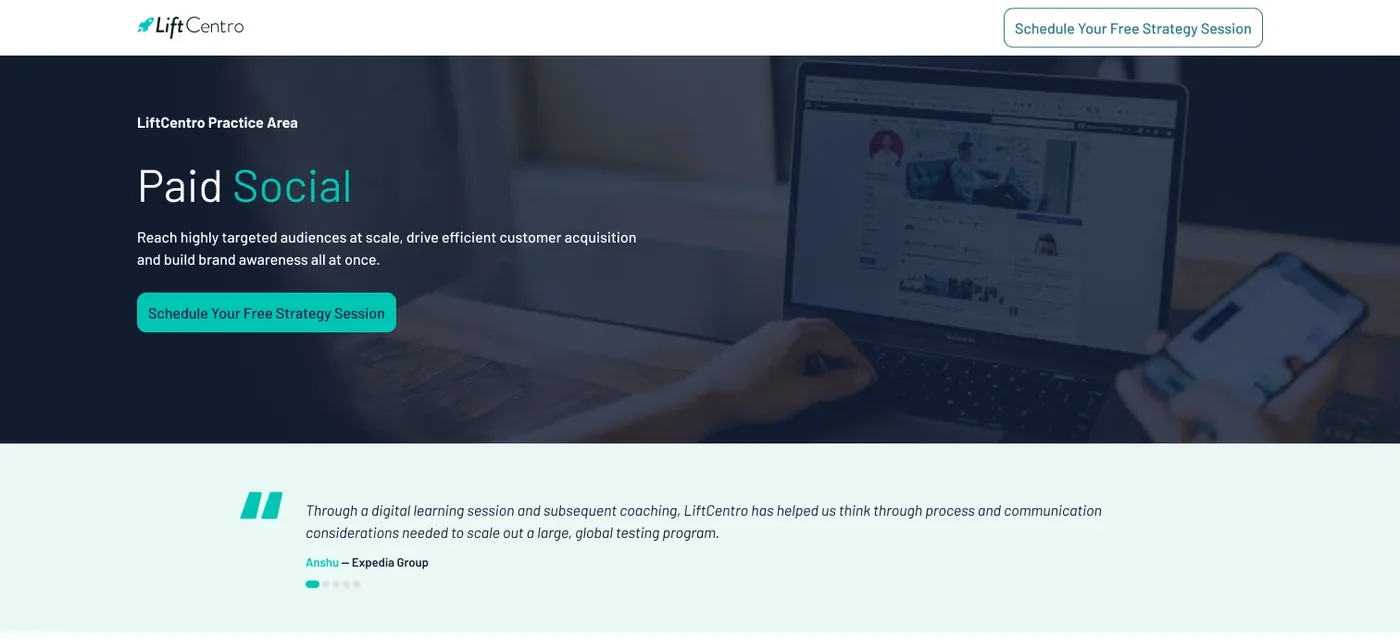 Primera pantalla de la landing de Paid Social de LiftCentro y su testimonio de cliente